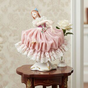 Vintage Dresden Lace Ballerina Figurine Pink Skirt Porcelain Collectible